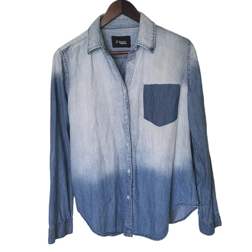 JW Signature Chambray Denim Button-up Top‎ Womens Small Faded Grunge